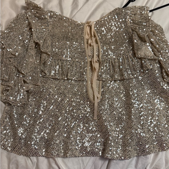 Free People Dance Floor Sequin Ruffle Top Champagne Metallic Size Large - Picture 7 of 14